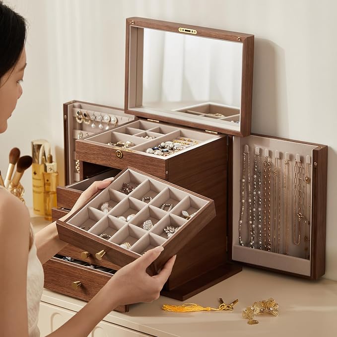 CHOSIN Black Walnut Wooden Jewelry Box, 6-Layer Lockable Wood Jewelry Organizer with Mirror, Side Doors & Brass Handle, Classical Design for Rings, Necklaces, Earrings, Mothers Day Gifts for Mom - Image 7