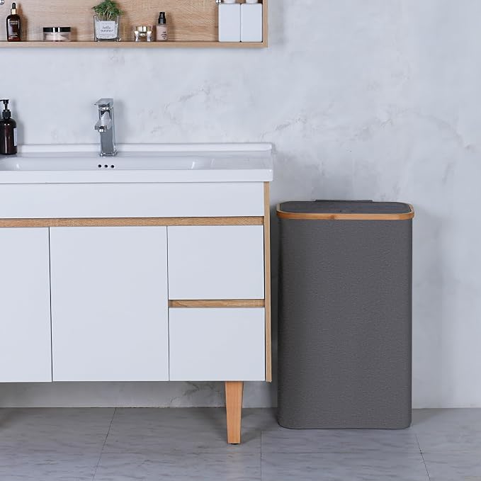 Slim Laundry Basket,60L Laundry Hamper with Lid, Tall Hamper for Laundry,Dirty Cloth Hamper with Bamboo Handle for Toys,Towels, Clothes Organizing,Grey - Image 5
