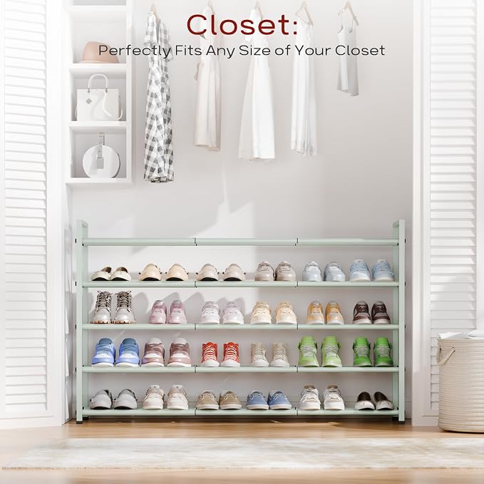 Bumusty 5-Tier Long Expandable Shoe Rack for Closet, 18"-44" Adjustable Shoe Rack for Entryway, 25-30 Pairs Large Shoe Organizer Shelf Storage, Sturdy Metal, Green - Image 2