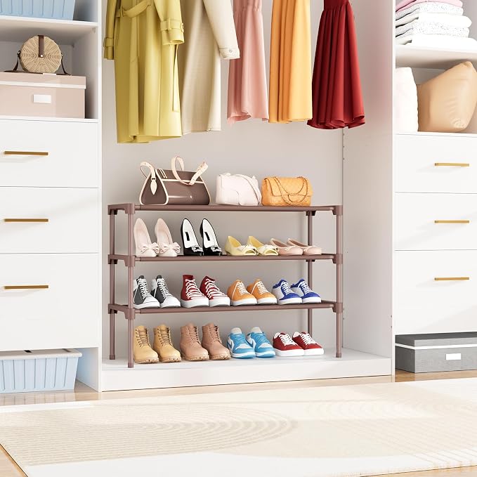 34" Widening Design Shoe Rack for Closet 16 Pairs Small Spaces Non-Woven 3 Tier Shoe Organizer Stackable Metal Shoe Shelf for Entryway, Bedroom Brown - Image 7