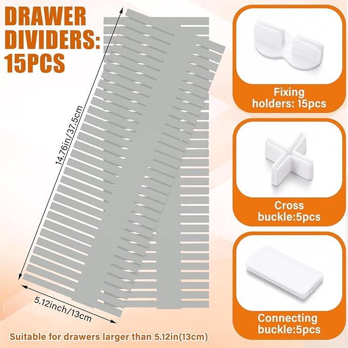 Blosssound 15 Pcs 5.12 Tall Drawer Divider Adjustable Drawer Organizer DIY Ultra Deep Storage Organizer Separator with Fixed Buckle for Underwear Socks Dormitory Office Kitchen Bedroom(Grey) - Image 2