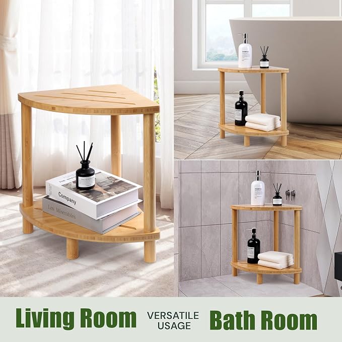 Upgraded Bamboo Corner Shower Stool for Inside Shower Waterproof,2-Tier Shower Foot Rest with Storage Shelf,Corner Shower Shelf Bench Caddy Shaving Leg,Bath Seat,Gifts for Women Mom - Image 5
