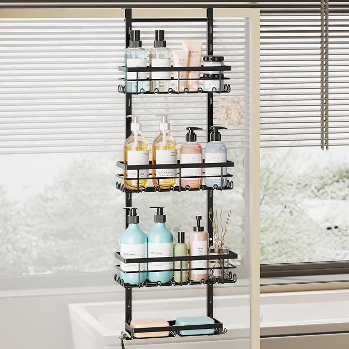SWTYMIKI Over The Door Shower Caddy - 4 Tier Rustproof Hanging Shower Organizer with Adjustable Shelves, 40 Hooks & Soap Holder, Hanging Shower Rack Storage for Bathroom Accessories, Black by SwtyMiki-TidyHomeSweetLife