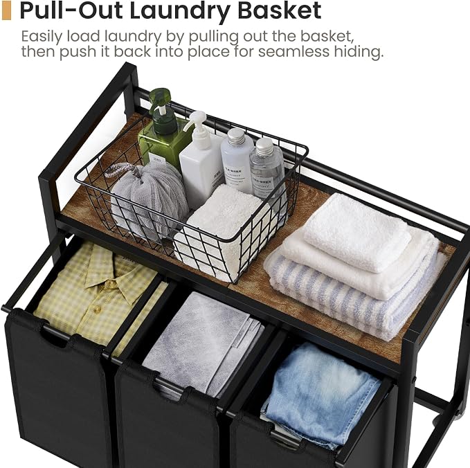 SwaaVee Laundry Hamper, Laundry Basket, Laundry Sorter with 3 Removable Bags, Clothes Basket with 3 Compartments, Wheels, Shelf for Laundry Room Bathroom Bedroom (3 Bags-Black) - Image 6