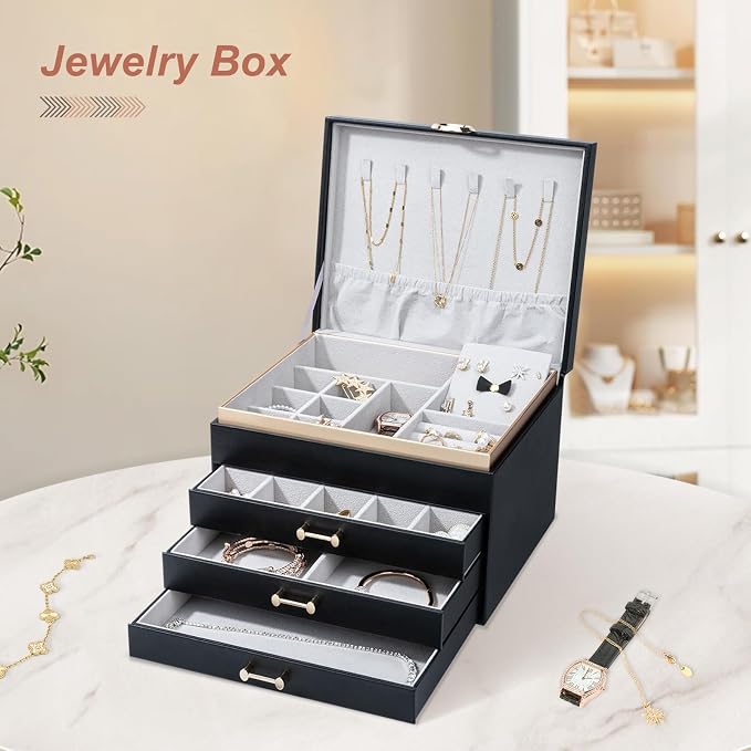 Jewelry Box，4-Layer Large Jewelry Organizers for Women with 3 Drawers,Storage Modern Style Jewelry Boxes Storage of Earrings Rings Bracelets Necklace（Black） - Image 2