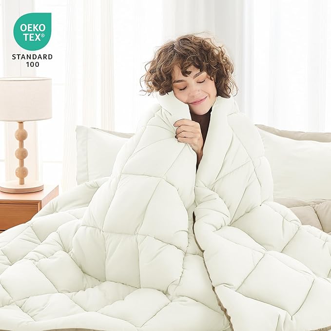 MUXHOMO 7 Pieces Full Comforter Set, Reversible Bed in a Bag Full Size, All Season Bedding Set with Comforter, Flat Sheet, Fitted Sheet, Pillowcases & Shams, Ivory & Khaki