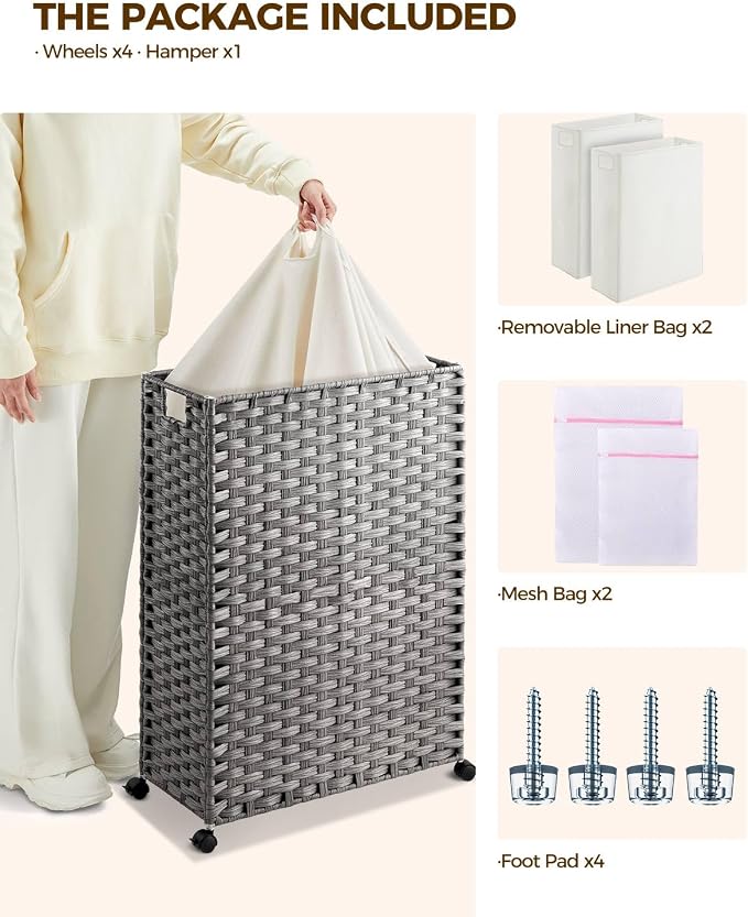 Greenstell Laundry Hamper with Wheels & Handles, 26.4 Gallon (100L) Slim Laundry Basket with 2 Removable Liner Bags & 2 Mesh Bags, Foldable Narrow Clothes Hamper for Bedroom, Bathroom, Closet, Grey - Image 3