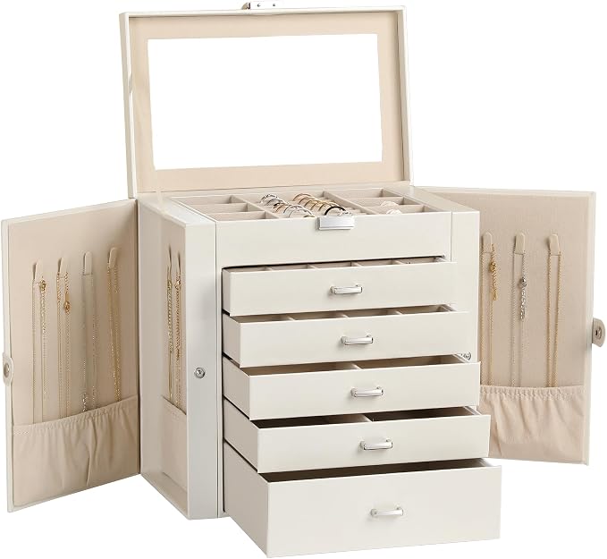 Frebeauty Large Jewelry Box,6-Tier PU Leather Jewelry Organizer,Multi-functional Storage Case with Mirror,Accessories Holder with 5 Drawers for Necklace Bracelets Watches(Pearl White) by Frebeauty
