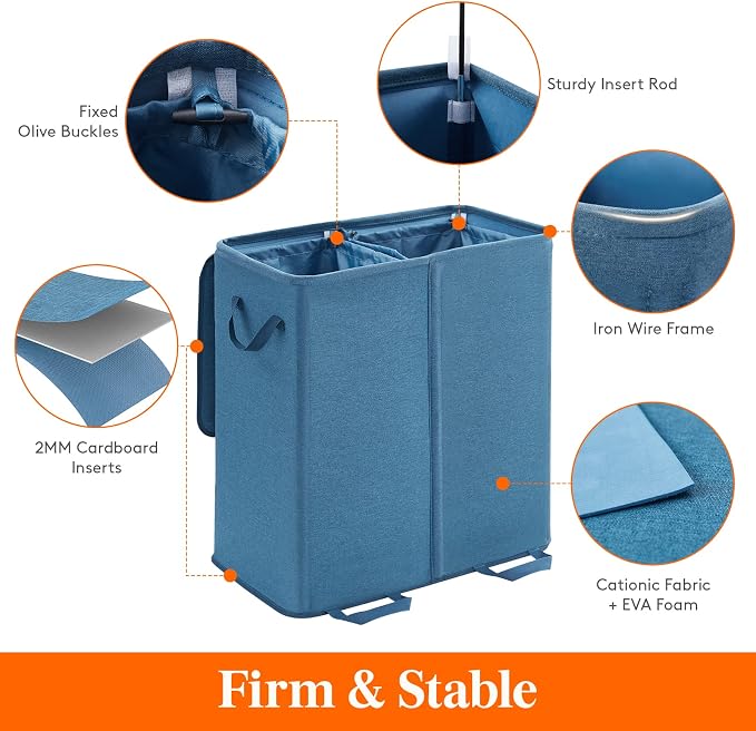 Lifewit Double Laundry Hamper with Lid and Removable Laundry Bags, Large Collapsible 2 Dividers Dirty Clothes Basket with Handles for Bedroom Laundry Room Closet Bathroom College, 136L Blue - Image 2