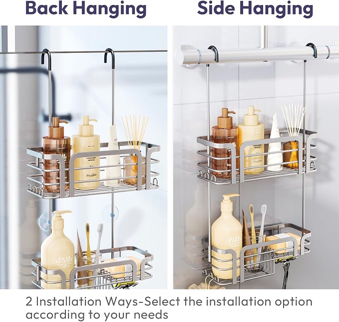 SWTYMIKI Shower Caddy Hanging Organizer - Over the Door Shower Caddy with Soap Holder, 11 Hooks, 2 Installation Ways, Stainless Steel Rustproof Bathroom Organizer, Sand Nickel - Image 2