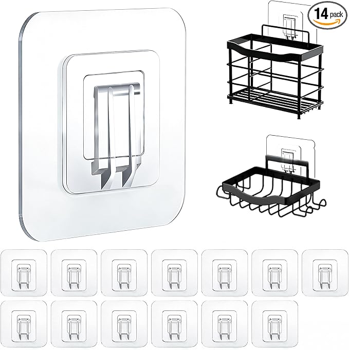 Shower Caddy Adhesive Replacement Hooks, Strong Waterproof Strips, No Drilling for Bathroom Shelves, Kitchen Racks, and Soap Holders (Transparent-14 Pack 1Hook) by Unknown