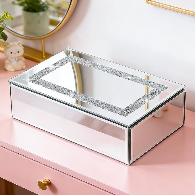 Luxury Mirrored Jewelry Box with Crushed Diamond - Glass Jewelry Box Organizer Storage Ring Holder Case for Women by Poayewly