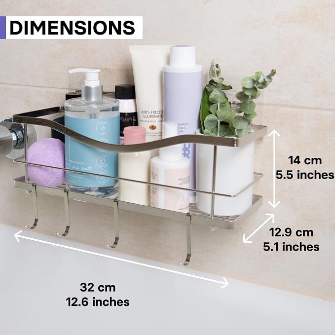 KINCMAX Premium Shower Caddy - Self Adhesive Shower Organizer with 4 Hooks, Rustproof Stainless Steel Shower Rack for Bathroom, Silver - Image 7