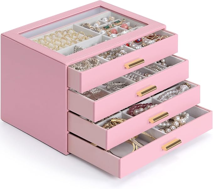 AKOZLIN Jewelry Box with Clear Lid Functional Leather Jewelry Storage Organizer Case 4 Drawers for Women Girls Necklace Ring Bracelet Earring - Image 6