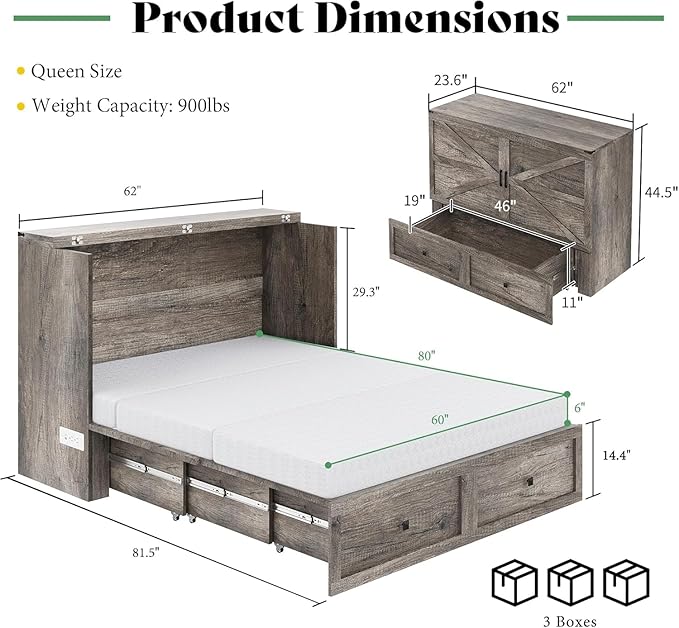 LUXOAK Queen Murphy Bed with 6" White Tri-Fold Memory Foam Mattress, Storage Drawer & Charging Station, Space-Saving Design for Home Office or Guest Room, Rustic Grey