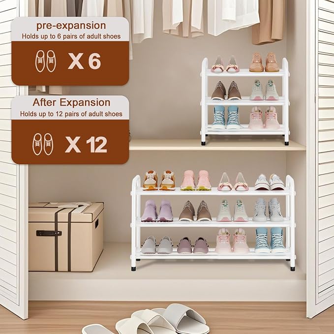 KANAV 3-Tier Expandable Shoe Rack, Heavy Duty Adjustable Metal Shoe Organizer for Closet & Entryway, Freestanding, Tool-Free Assembly, White - Image 4