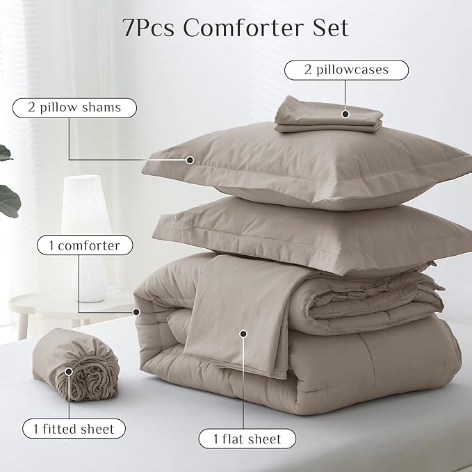 JOLLYVOGUE Queen Comforter Set, Ultra-Soft Bed in a Bag Queen Size 7 Pieces, Oeko-TEX Certified Bedding Set with Down Alternative Comforter, Sheets, Pillowcases & Shams, Khaki