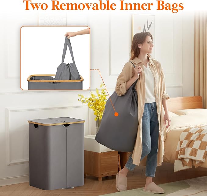 Lifewit 150L Double Laundry Hamper with Lid, Large Laundry Basket with Removable Bag & Bamboo Handles, Fodable Tall Dirty Clothes Hamper for Laundry Collapsible Bin for Bathroom Bedroom, Charcoal Gray - Image 3