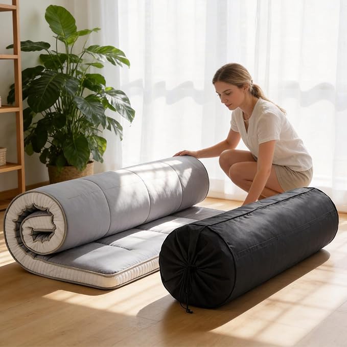 Tiita Floor Mattress Memory Foam Mattress Topper, 4" Thicken Futon Mattress with Storage Bag and 2 Straps, Portable Roll Up Travel Car Camping Mattress Sleeping Pad Full Size, Grey