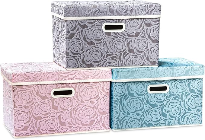 PRANDOM Larger Collapsible Storage Cubes with Lids Fabric Decorative Storage Bins Boxes Organizer Containers Baskets with Cover Handles for Bedroom Closet Living Room 17.7x11.8x11.8 Inch 3 Pack by Prandom