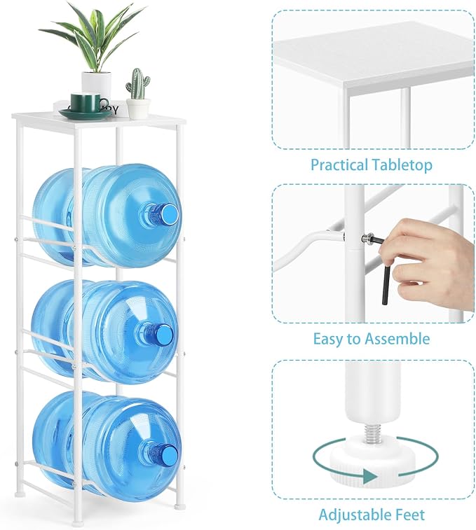 OYEAL 5 Gallon Water Bottle Jug Holder 3-Tier Water Bottle Holder Organizer with Top Shelf, Heavy Duty Water Dispenser Stand Rack for Kitchen Living Room Office, White - Image 3
