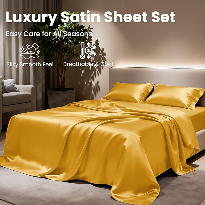 Love's cabin Twin Satin Sheets Sets - 3 Piece Gold Silky Bed Sheets with Deep Pockets, Luxury Silk Feel Satin Twin Size Sheet Set Bedding Set (1 Flat Sheet,1 Fitted Sheet,1 Pillow case)