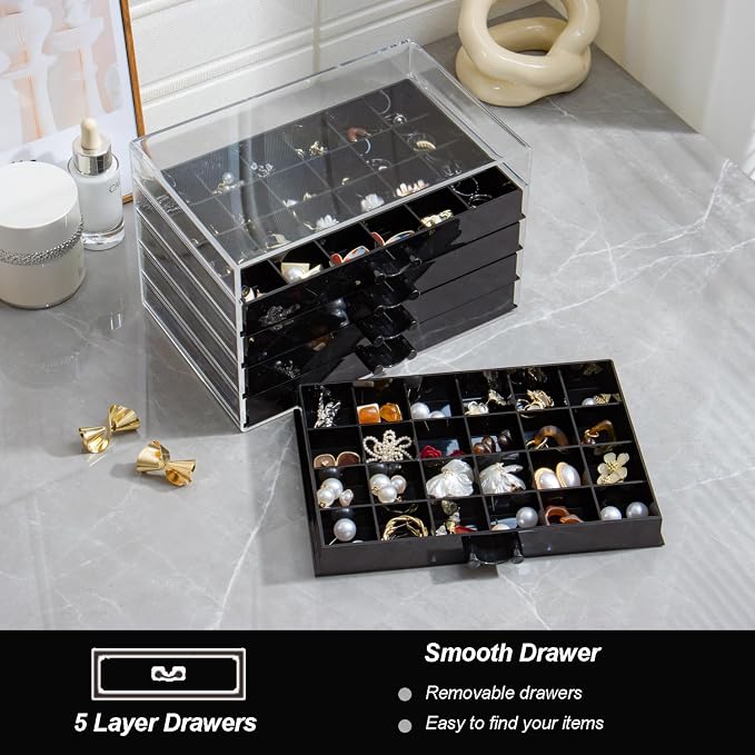 YUFONG Earring Storage Box Organizer, Acrylic Jewelry Storage Box Holder 5 Drawers Transparent Jewelry Display Stand with 120 Small Compartments Gift Boxes for Women Girls (Black) - Image 4