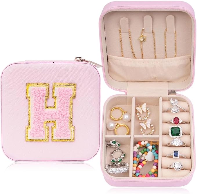 ETHOON Jewelry Travel Case Small Organizer Stocking Box Personalized Gifts Teenage Jewelry Accessories Holiday Wedding Christmas Gift for Women Pink, Letter H by ETHOON