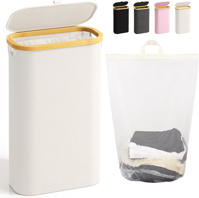 Bathola 75L Slim Laundry Hamper with Lid, Dirty Clothes Hampers for Laundry, Collapsible Laundry Baskets for Small Spaces, Bedroom, Bathroom, Laundry Room, Beige by Bathola