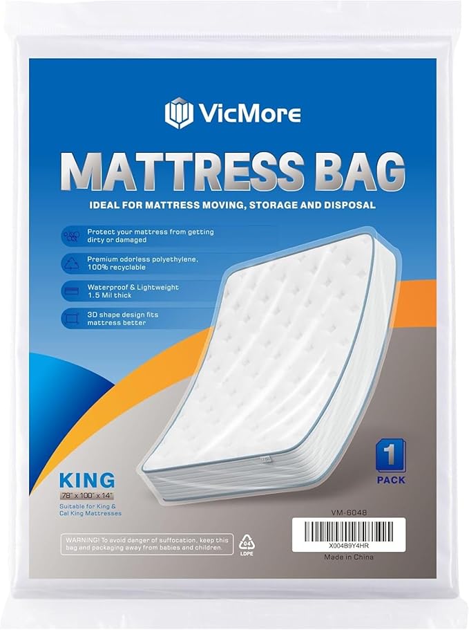 VicMore King Size Mattress Protector - 1.5mil Plastic Mattress Protector for Moving, Storage & Disposal - Tear-Resistant & Waterproof Mattress Cover - Transparent, Easy Fit Mattress Pad Cover
