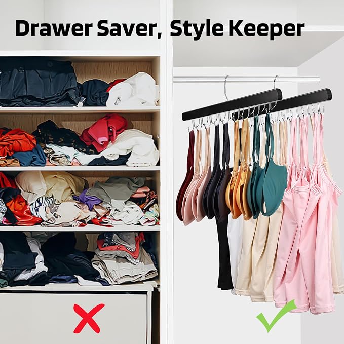 NECAMOCU 2 Pack Bra Hanger for Closet Organizer, Premium Wooden Tank Top Hangers with 36 Foldable Hooks, 360° Rotating Design, Space Saving Storage for Tank Tops, Bras, Scarves and More, Black - Image 3