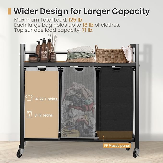 SwaaVee Laundry Hamper, Laundry Basket, Laundry Sorter with 3 Removable Bags, Clothes Basket with 3 Compartments, Wheels, Shelf for Laundry Room Bathroom Bedroom (3 Bags-Black Grey White) - Image 3