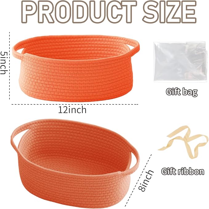 JMvicyroam Woven Basket,Small Rope Storage Bin with Handles & Ribbon Bag, Organizer for Shelves Closets,Gift Basket Empty for Birthday,Books,Dog Toys,Orange/3 Pack - Image 2