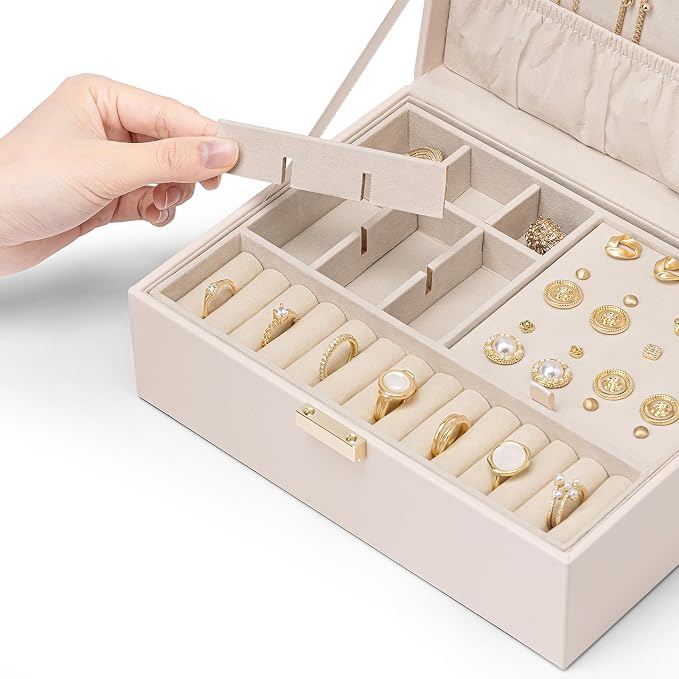 VLANDO 2 Layer Jewelry Box Large Jewelry Organizer for Women Removable Jewelery Tray for Necklace Earrings Rings Bracelets Mothers Gifts for Mom Wife (Light Pink) - Image 7