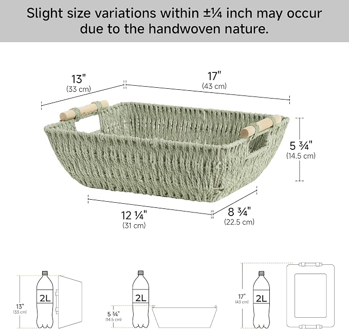 StorageWorks Extra Large Wicker Storage Basket for Organizing with Wooden Handles, Toilet Paper Baskets for Shelf, Bosana Green, 2-Pack - Image 3