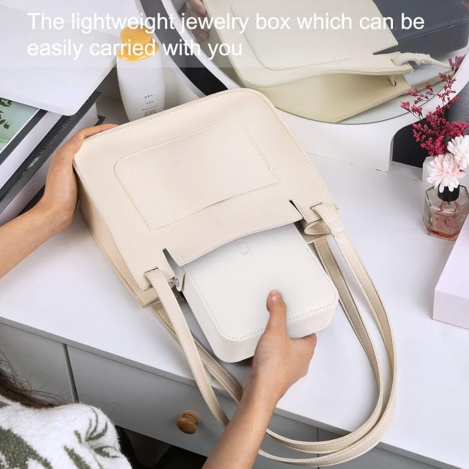 KCY Jewelry Box for Women Girls,Small Travel Jewelry Organizer Case,PU Leather Portable Jewellery Storage Boxes Display Holder for Ring Earrings Necklace Bracelet Bangle, Men Teen Kids Gift, White - Image 6