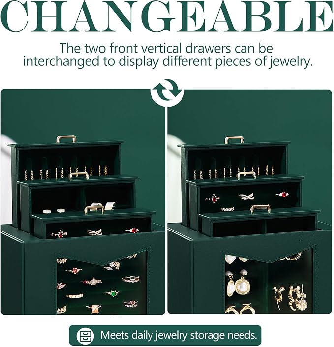 Homde Jewelry Organizer with Transparent Window Necklace Hooks Gift for Women Jewelry Box Display Case for Necklaces Rings Earrings Bracelets and Other Accessories (Forest Green) - Image 3