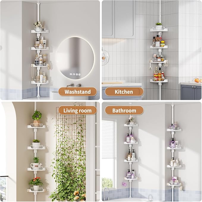 360° Rotating Shower Caddy Tension Pole, 4 Tiers Corner Shower Organizer for Bathroom Shelf Bathtub, Adjustable Standing Shower Rack Bathroom Accessories, Easily Assemble, 34-124 Inch Height, White - Image 9