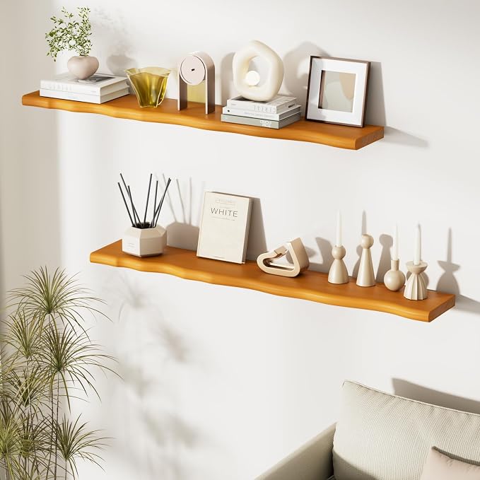 Floating Shelves for Wall Rustic Farmhouse 48 Inch Floating Shelf Bathroom Wooden Shelves for Wall Mounted Live Edge Pine Shelf with Unique Natural Grain for Living Room Bedroom Kitchen (Honey Walnut) - Image 2