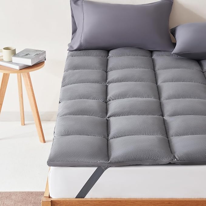 SLEEP ZONE Cooling Mattress Topper Twin Size Quilted Fitted Mattress Pad Cover, Soft Fluffy Down Alternative Pillow Top Bed Topper Deep Pocket 8-21 Inch (Grey, Twin)