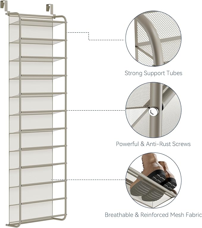 Whitmor 36 Pair Over The Door Shoe Organizer, 12 Tier Hanging Shoe Organizer, Heavy Duty Metal & Mesh Shoe Holder, Hanging Shoe Rack for Closet Organizer & Storage, 69"L x 21.7"W x 7.5"H, Mocha - Image 4