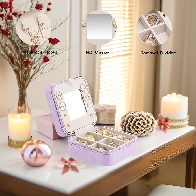 Vlando Small Travel Jewelry Box Organizer - Mirrored Carry-on Jewelries Necklaces Rings Earrings Necklace Storage Case, Purple - Image 3