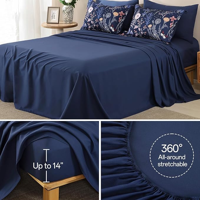 Yiran King Size Comforter Set, 7 Pieces Navy Blue Floral Soft Bedding Sets, King Bed in a Bag with Botanical Flowers Winter Comforter, Sheets, Pillowcases & Shams