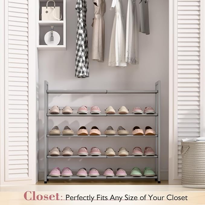 Bumusty 5-Tier Expandable Shoe Rack for Closet, 18“-33” Adjustable Shoe Rack for Small Space, Small Shoe Organizer for Front Door, Sturdy Metal, Light Grey - Image 2