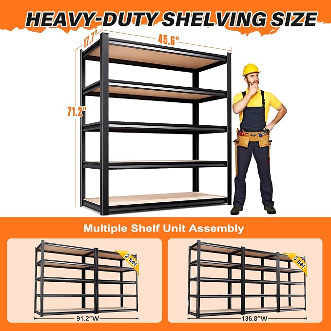 2-Piece Set 46''W Storage Shelves,3000LBS Garage Shelving,Adjustable Garage Shelves,Heavy Duty Metal Shelving, 5 Tier Wood Utility Steel Shelf, Easy-to-Install Shelving Units 2 Pack - Image 3
