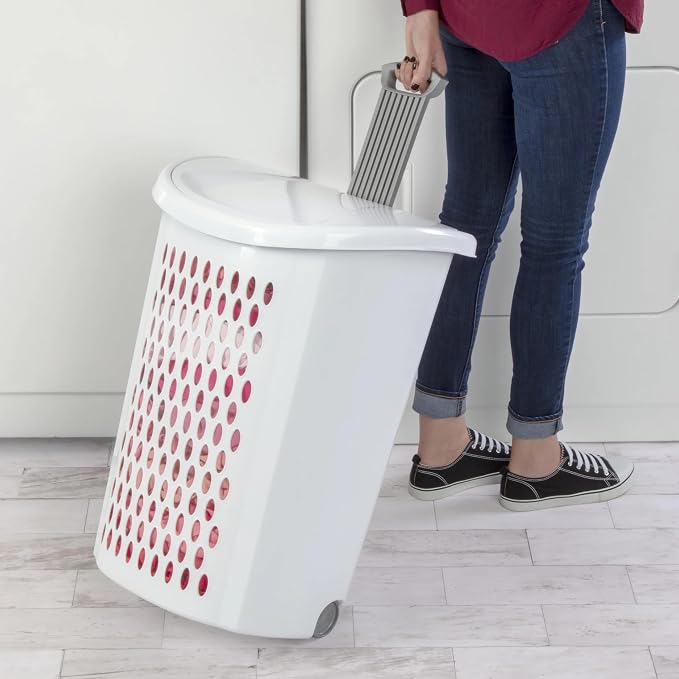Wheeled Plastic Laundry Hamper with Handle, White - Easy Transport for Laundry, Durable Plastic, Rolling Design, Perfect for Bathroom & Bedroom Storage - Image 4