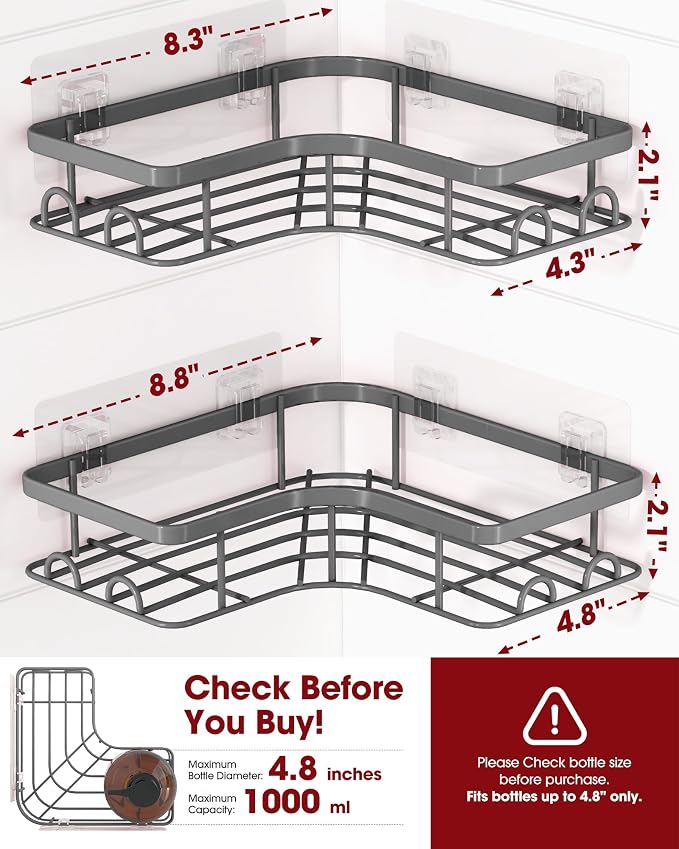 Sakugi Corner Shower Caddy - 2 Pack, Adhesive Shower Organizers, Rustproof Stainless Steel Shower Shelves with 8 Hooks, No Drilling Bathroom Organizers and Storage Racks, Space-Saving, Grey, Large - Image 2