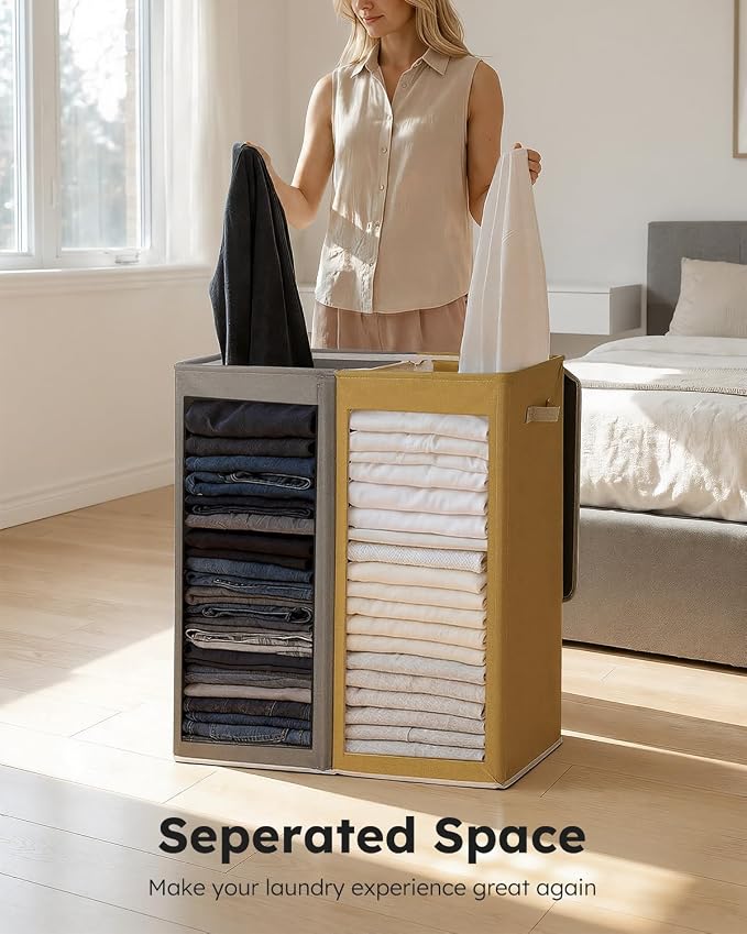 SOLEDI Large Double Laundry Hamper with Lid, Collapsible Clothes Hamper 2 section with Removable Bags, Space-Saving Laundry Basket for Bedroom, Dorm, College - Image 3