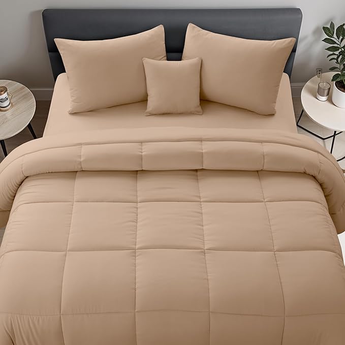 LUX Décor 5pc King Comforter Set, All-in-One Bed in a Bag, Includes 1 Comforter, 2 Pillow Shams, 1 Decorative Pillow & 1 Bed Skirt (Beige, King)