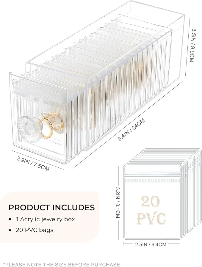 HOMEHIVE Clear Acrylic Jewelry Organizer Box with 20 Portable Pouches, Jewelry Storage Case for Women Girls, Tangle-Free, Anti-Tarnish, Compact Storage for Necklaces/Earrings/Rings, Upgraded Clear - Image 4